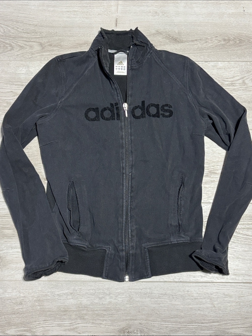 Vintage adidas Black Full-Zip distressed Sweatshirt Jacket w/ velvet Logo Size S